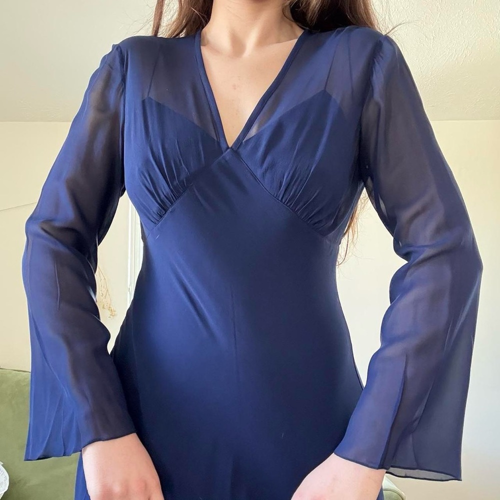 Vintage A.J. Bari 100% Silk Navy V-Neck Sheer Long Sleeve Mini Dress Formal